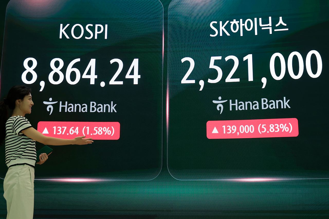 16일 서울시 중구 하나은행 본점 딜링룸 전광판에 코스피 등 종가가 표시되고 있다.  이날 코스피는 전 거래일 대비 1.58% 오른 8864.24, 코스닥은 1.30% 오른 1031.96에 마감했다. 뉴스1