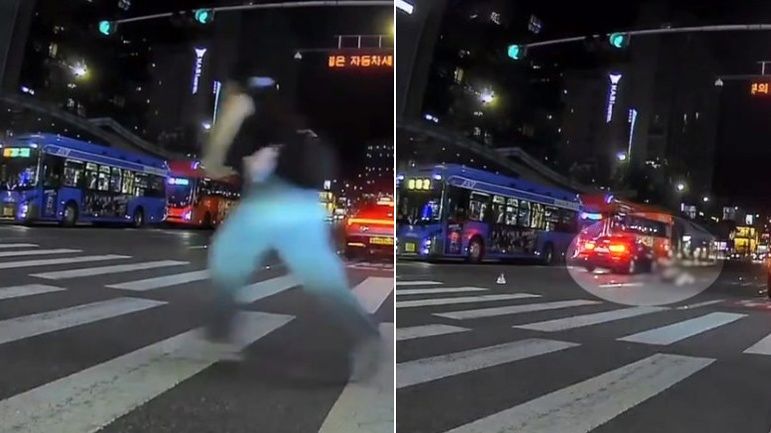 지난 16일 오후 10시25분쯤 서울 마포구 홍대입구역 8번 출구 인근 횡단보도에서 무단횡단을 하던 20대 여성이 승용차에 치이는 사고가 발생했다. 사진 온라인 커뮤니티 ‘보배드림’ 캡처