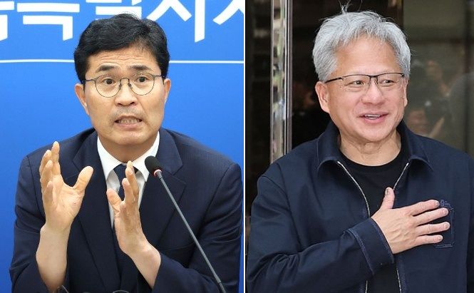 이원택 전북특별자치도지사 당선인(왼쪽)·젠슨 황 엔비디아의 최고경영자(CEO·오른쪽). 뉴스1