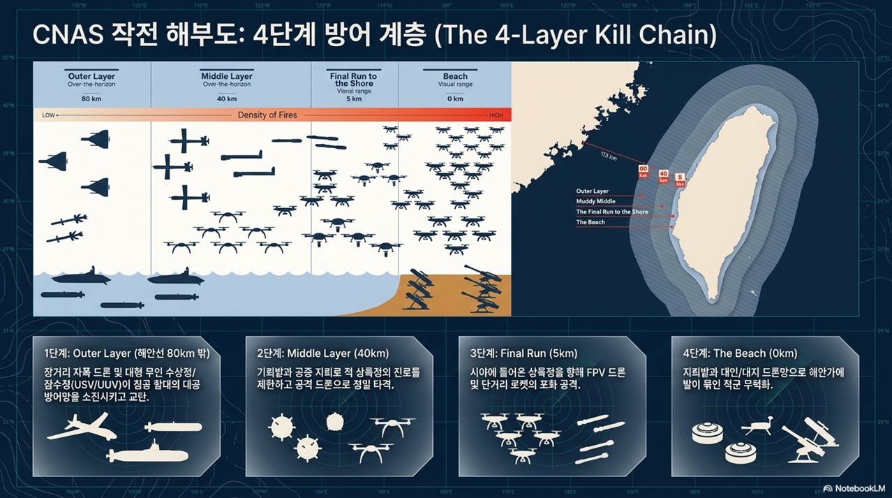 2026년 2월 미국 신안보연구소(CNAS)의 '헬스케이프(지옥풍경)' 보고서가 제안한 다층 드론 방어망이다. 외곽 자폭드론, 중간 해역의 공중 지뢰 벌떼 드론, 지뢰밭 등으로 구성된 킬체인을 갖췄다. Notebook LLM 제작