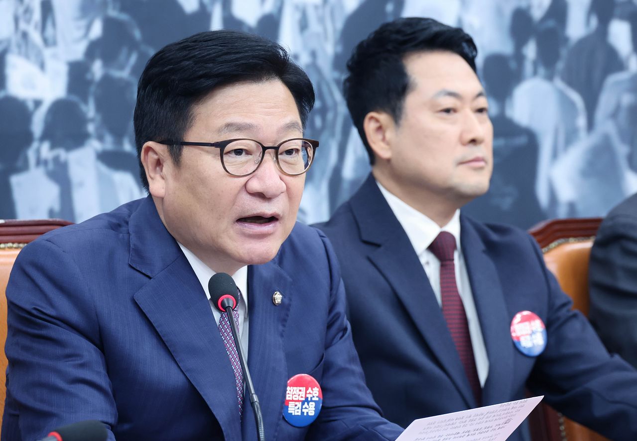 정점식 국민의힘 원내대표가 29일 국회에서 열린 최고위원회의에서 발언하고 있다. 임현동 기자