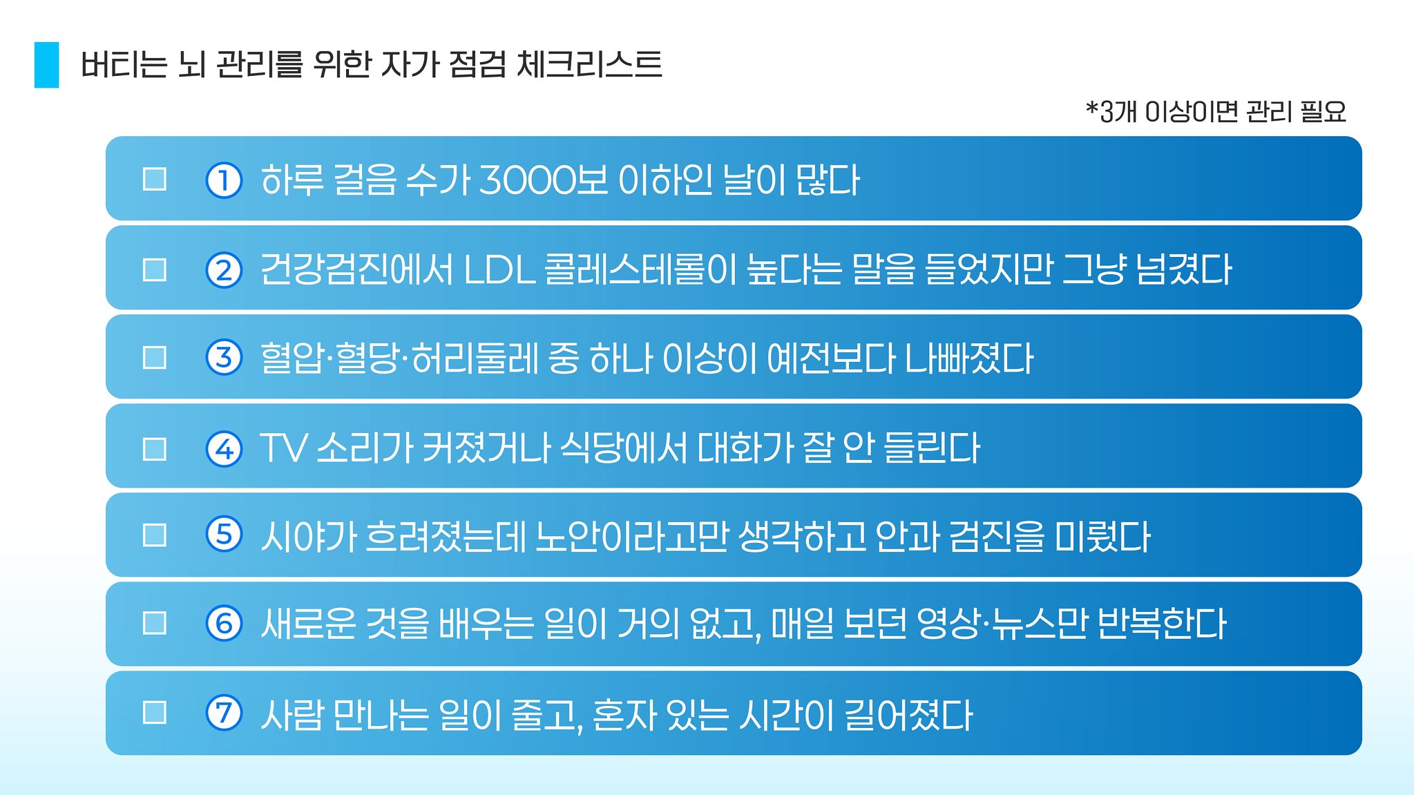 해당 항목이 많을수록 ‘버티는 뇌’의 예비 전력이 얇아지고 있다는 신호다. 3개 이상이면 신경 써서 관리해야 한다. 박지은 그래픽.