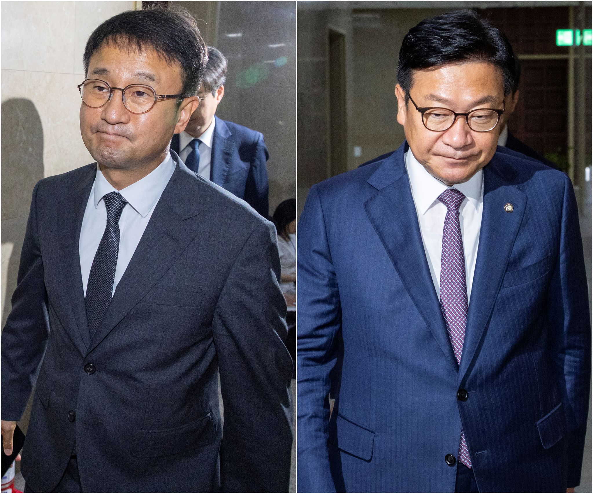 더불어민주당 한병도 원내대표(왼쪽)와 국민의힘 정점식 원내대표가 29일 국회에서 22대 하반기 국회 원 구성 협상을 마친 뒤 굳은 표정으로 이동하고 있다.   이날 여야 원내대표는 협상을 재개했지만 법제사법위원장을 두고 여야가 극한 대립을 계속해 원 구성 협상에는 실패했다. 연합뉴스