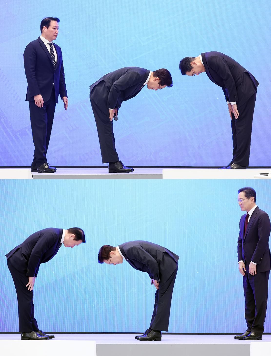 이재명 대통령과 이재용 삼성전자 회장이 29일 청와대 영빈관에서 열린 대한민국 대도약 3대 메가프로젝트 국민보고회에서 90도 허리를 숙이며 인사나누고 있다(위). 사진 아래는 허리굽혀 인사 나누는 이 대통령과 최태원 SK그룹 회장.뉴스1