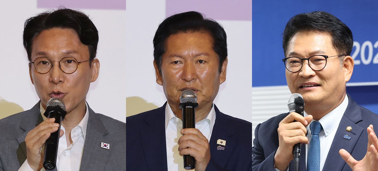 더불어민주당 8·17 전당대회 주요 당권 주자들이 28일 일제히 청년 당심 공략에 나섰다. 사진은 이날 경기 광주 곤지암리조트에서 열린 민주당 청년 당선인 워크숍에 참석해 축사하는 김민석 총리와 정청래 전 대표, 전주에서 열린 '국가비전 민주당 전북평당원 타운홀미팅'에서 발언하는 송영길 의원. 뉴스1