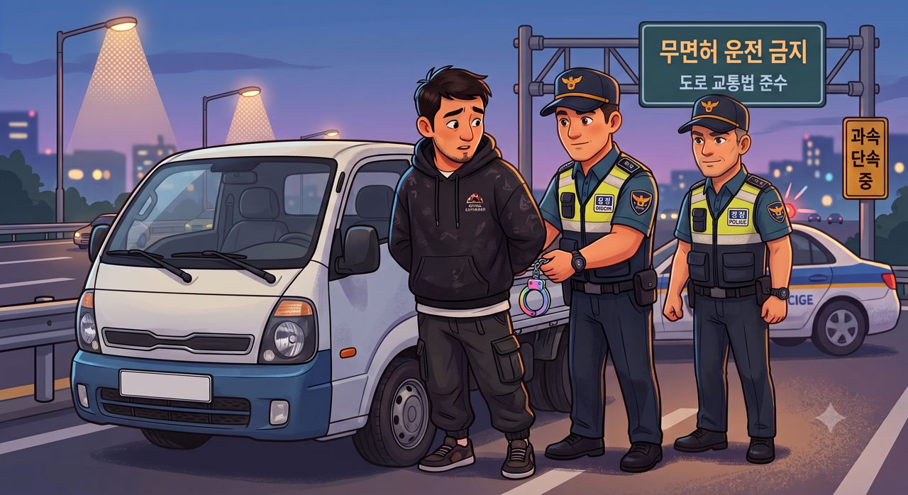 훔친 차량을 타고 충남 천안에서 인천까지 약 100㎞를 무면허로 운전한 외국인이 경찰에 구속됐다. 사진은 경찰 체포 모습을 묘사해 제작한 AI 이미지. 사진 제미나이
