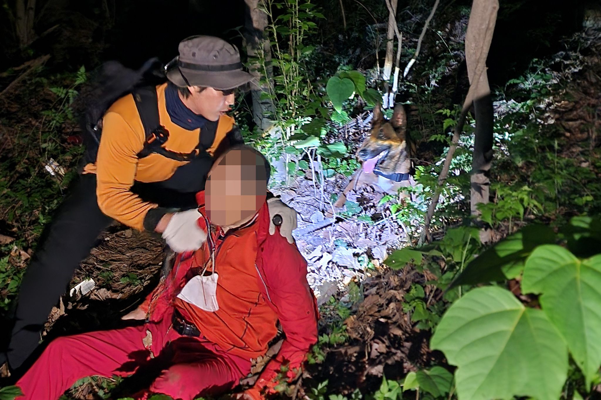 2023년 6월 9일 밤 부산 사하구 다대동 아미산에서 실종됐던 79세 치매 환자를 충성이가 발견한 뒤 구조대원이 환자 상태를 확인하고 있다. 사진 부산소방재난본부