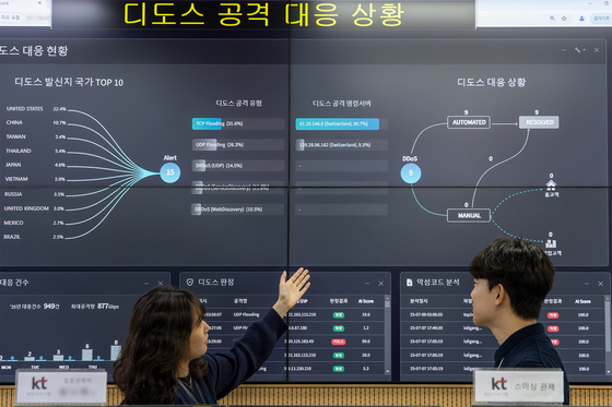 경기도 과천시 KT 네트워크 관제센터에서 KT 직원들이 정보보안 현황을 모니터링하고 있다. 사진 KT