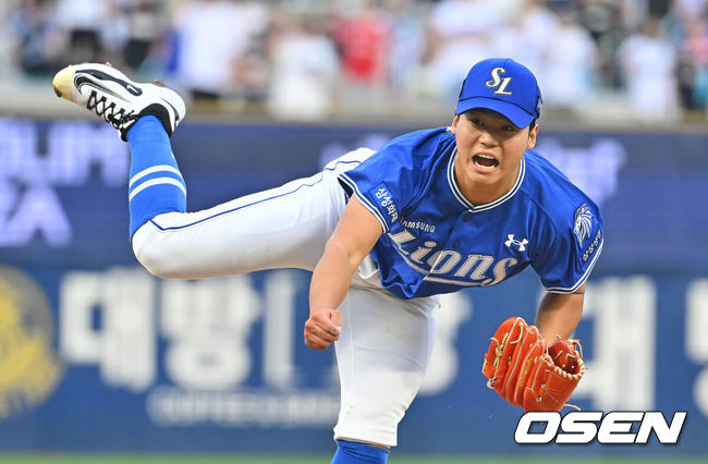 [OSEN=창원, 이석우 기자] 2일 창원NC파크에서 2026 신한 SOL KBO 리그 NC 다이노스와 삼성 라이온즈의 경기가 열렸다. 홈팀 NC는 김태경이, 방문팀 삼성은 김백산이 선발 출전했다. 삼성 라이온즈 선발투수 김백산이 역투하고 있다. 2026.07.02 / foto0307@osen.co.kr