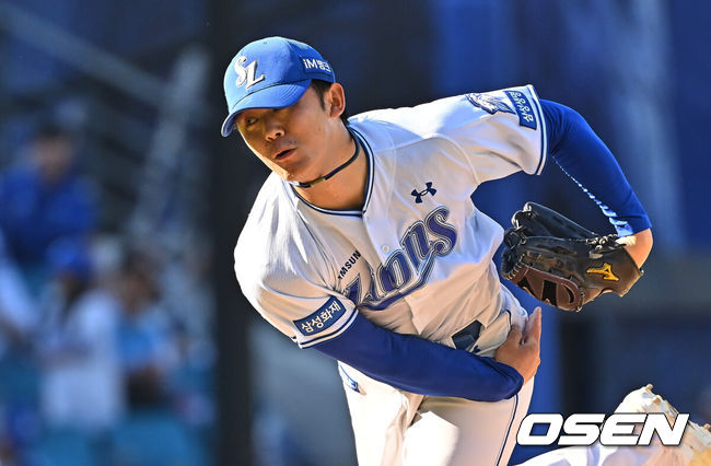 [OSEN=대구, 이석우 기자] 5일 대구삼성라이온즈파크에서 2026 신한 SOL KBO 리그 삼성 라이온즈와 키움 히어로즈의 경기가 열렸다. 홈팀 삼성은 오러클린이, 방문팀 키움은 오석주가 선발 출전했다. 삼성 라이온즈 미야지가 역투하고 있다. 2026.05.05 / foto0307@osen.co.kr