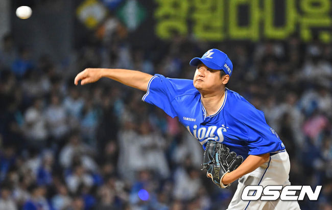 [OSEN=창원, 이석우 기자] 2일 창원NC파크에서 2026 신한 SOL KBO 리그 NC 다이노스와 삼성 라이온즈의 경기가 열렸다. 홈팀 NC는 김태경이, 방문팀 삼성은 김백산이 선발 출전했다. 삼성 라이온즈 최지광이 역투하고 있다. 2026.07.02 / foto0307@osen.co.kr