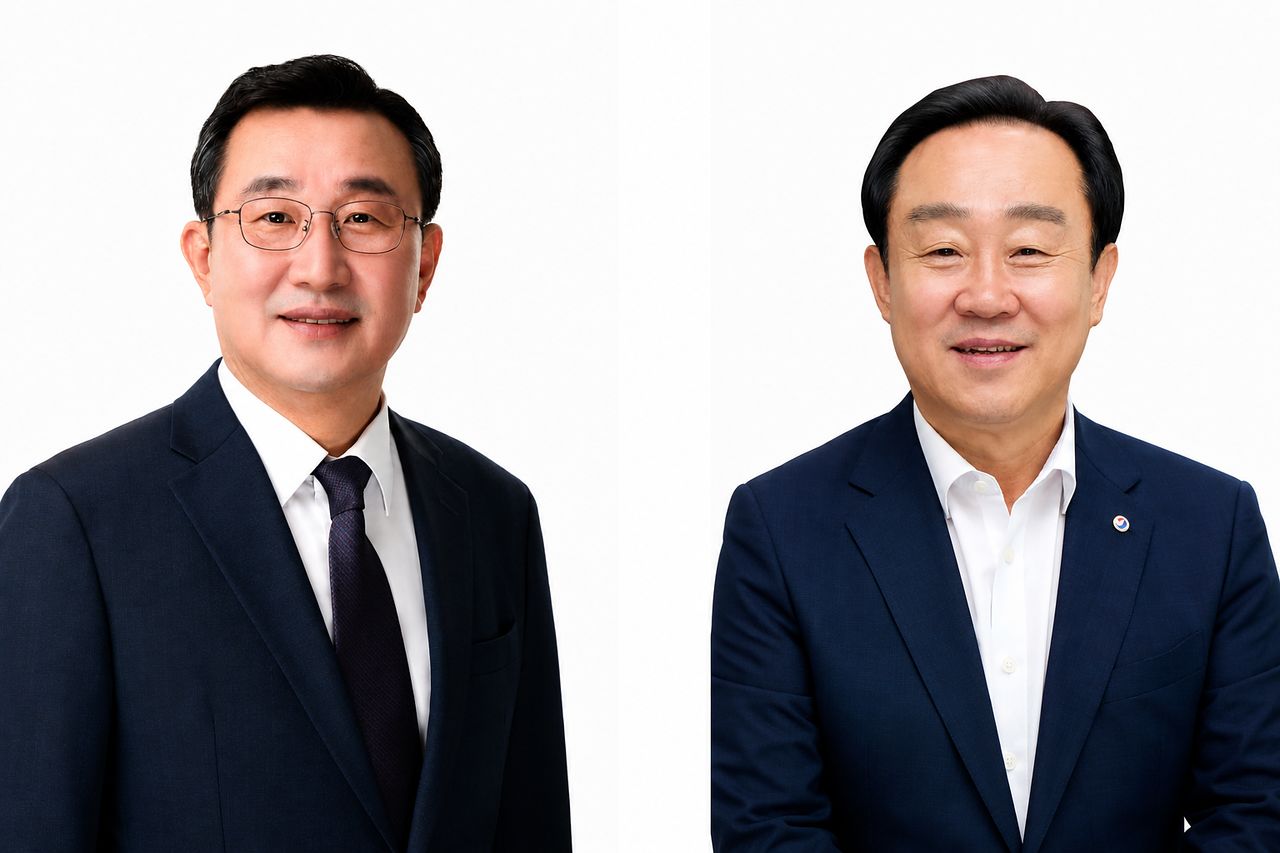 강석주(왼쪽) 경남 통영시장과 천영기 전 통영시장. 사진 중앙선거관리위원회 홈페이지