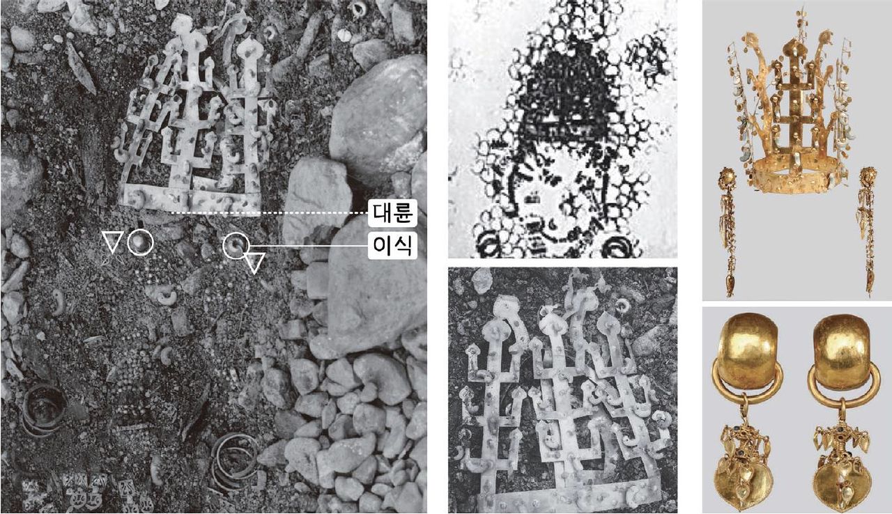 금령총(적석목곽) 금관 출토 당시 모습(위)과 서봉총(적석목곽) 금관 출토 모습. 모두 금관의 윗부분(나뭇가지 모양)이 고깔처럼 모인 형태이며 귀걸이(이식)가 관테(대륜)와 붙어서 출토됐다. 목걸이(가슴장식) 역시 인체비례보다 관에 가까운 모습이다. 이를 두고 이한상 대전대 교수는 "금관을 얼굴에 씌워서 매장했다"는 데스마스크설을 펴는 반면, 심현철 계명대 교수는 "무덤이 함몰되면서 벌어진 현상이며, 모여있는 상부의 모양과 각도가 일일이 달라서 일반적인 금동관과 마찬가지로 머리에 씌워서 매장했다고 봐야 한다"고 주장하고 있다.