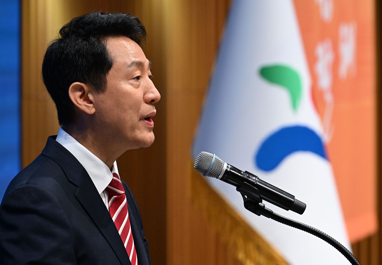민선 9기 서울시정을 이끌게 된 오세훈 시장이 1일 시청에서 열린 제40대 서울특별시장 취임식에 참석해 취임사를 하고 있다. 뉴스1