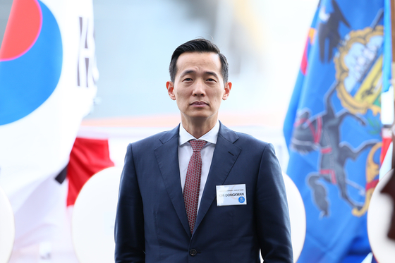 김동관 한화그룹 부회장이 2025년 8월 26일(현지시간) 미국 필라델피아 한화필리조선소에서 열린 ‘스테이트 오브 메인(State of Maine)호’ 명명식에 참석하고 있다. 대통령실사진기자단=중앙일보 김현동 기자