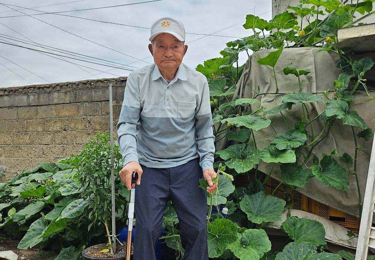 101세 어르신 이인식씨는 지난 5월 직장암 수술을 받고 회복했다. 수술 전과 다름없이 지팡이를 짚고 집 마당을 걷고 있다. 사진 이인식씨 가족