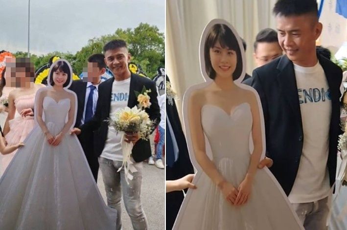 말레이시아에서 한 남성이 약혼녀 등신대를 놓고 영혼 결혼식을 진행한 모습. 사진 페이스북 계정 John Muaythai John 캡처