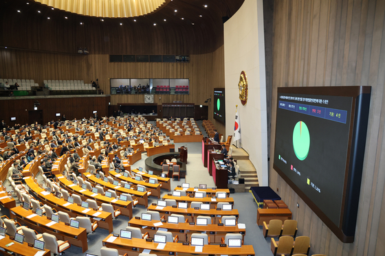 2025년 12월 24일 서울 여의도 국회에서 열린 제430회국회(임시회) 제2차 본회의에서 정보통신망 이용촉진 및 정보보호 등에 관한 법률 일부개정법률안(대안)이 국민의힘 의원들의 불참 속에 찬성 170표로 가결되고 있다. 뉴스1