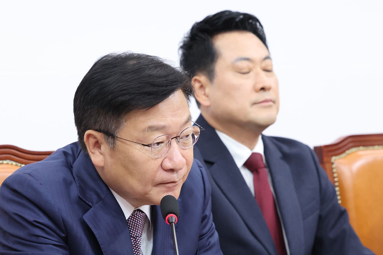 정점식 국민의힘 원내대표가 지난달 18일 서울 여의도 국회에서 열린 최고위원회의에서 발언하고 있다. 뉴스1
