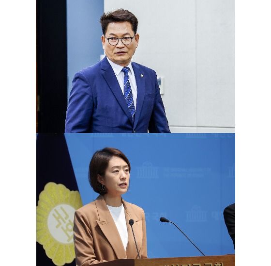 더불어민주당 전당대회에 출마 예정인 송영길 의원과 고민정 의원. 뉴시스 연합뉴스