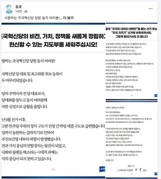 조국 전 조국혁신당 대표 8일 페이스북 캡처 