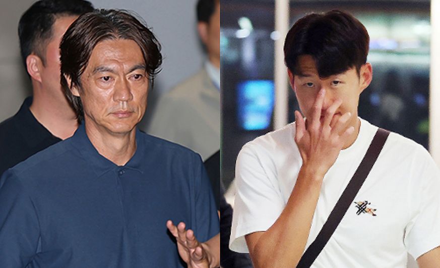 지난달 30일 귀국한 홍명보 감독과 1일 들어온 손흥민. 뉴스1