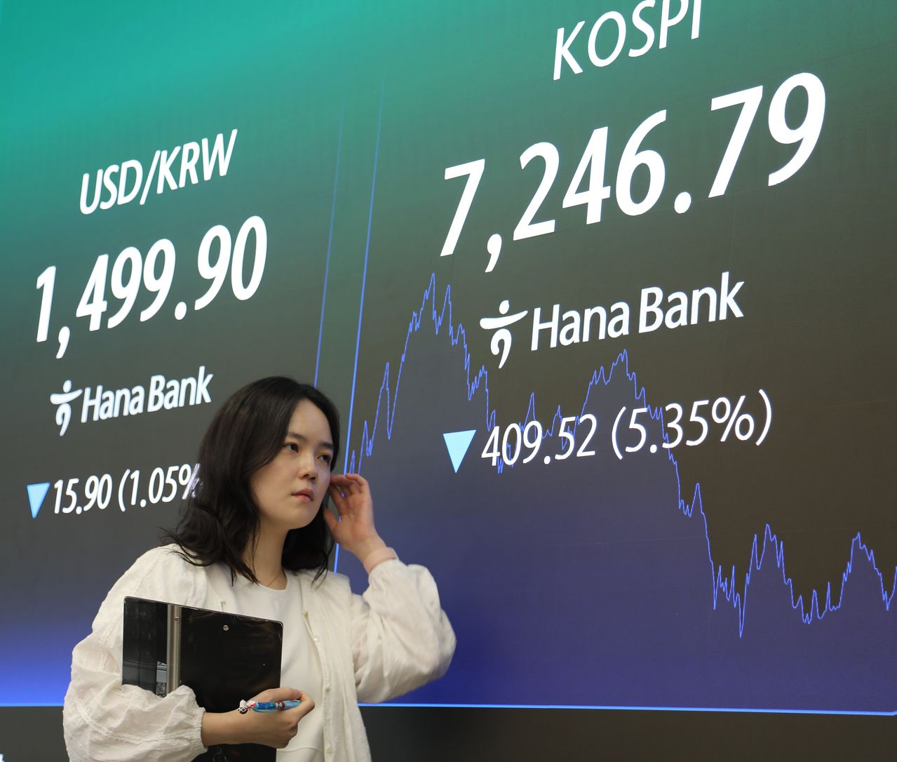 미-이란 갈등이 격화되며 국내 증시 투자 심리가 위축돼 코스피와 코스닥 시장에서 연달아 동반 매도 사이드카가 발동한 8일 오후 서울 중구 하나은행 딜링룸 전광판에 종가가 나오고 있다. 뉴스1