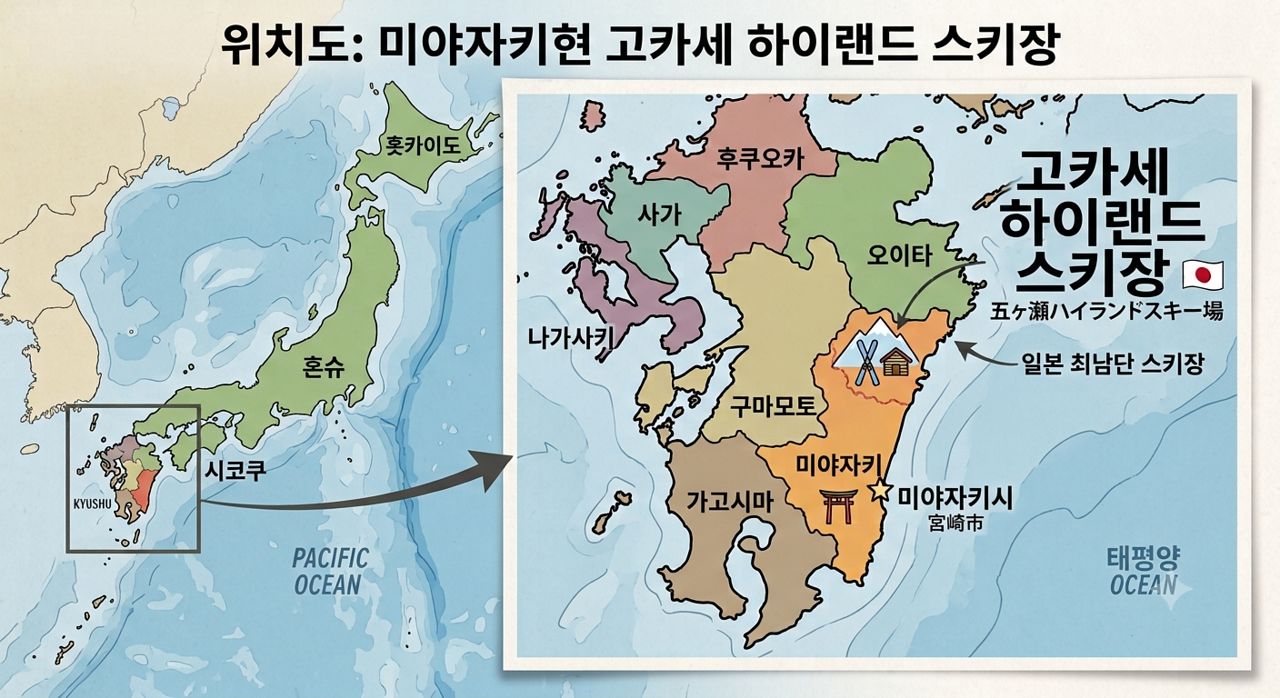 올 시즌까지만 운영되는 일본의 최남단 스키장인 규슈 미야자키현 '고카세 하이랜드 스키장'. 제미나이 이미지 