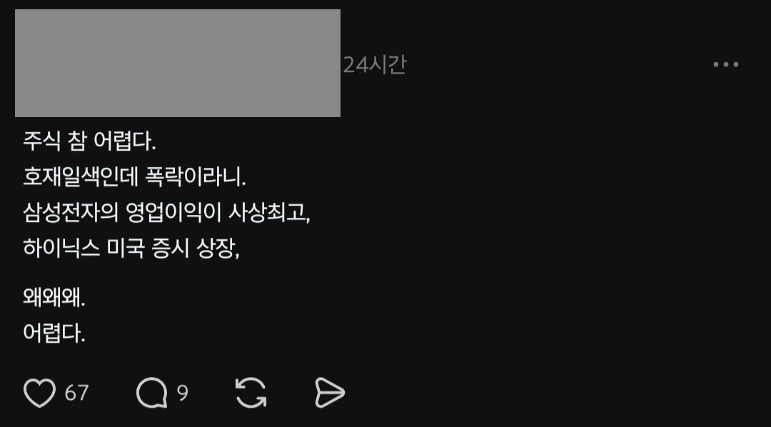최근 국내 증시 하락세가 이어지자 개인 투자자들이 소셜미디어(SNS) 게시글 등에서 불안을 호소하고 있다. 사진 SNS 캡처