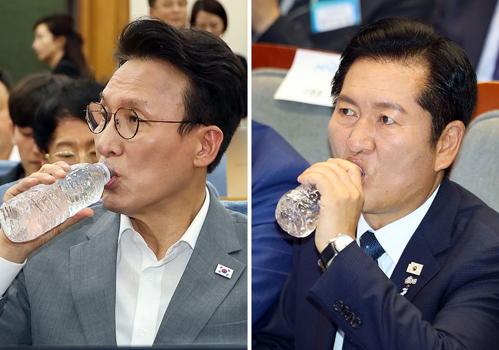 더불어민주당 당권 주자인 김민석 전 총리(왼쪽)와 정청래 전 대표. 연합뉴스
