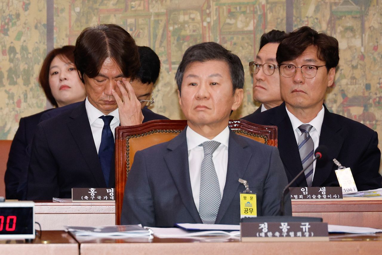 홍명보 남자 축구대표팀 감독이 지난 2024년 9월 24일 오전 서울 여의도 국회 문화체육관광위원회에서 열린 대한축구협회 등에 대한 현안질의에 출석해 눈가를 매만지고 있다. 앞줄 오른쪽은 정몽규 대한축구협회장. 뉴스1