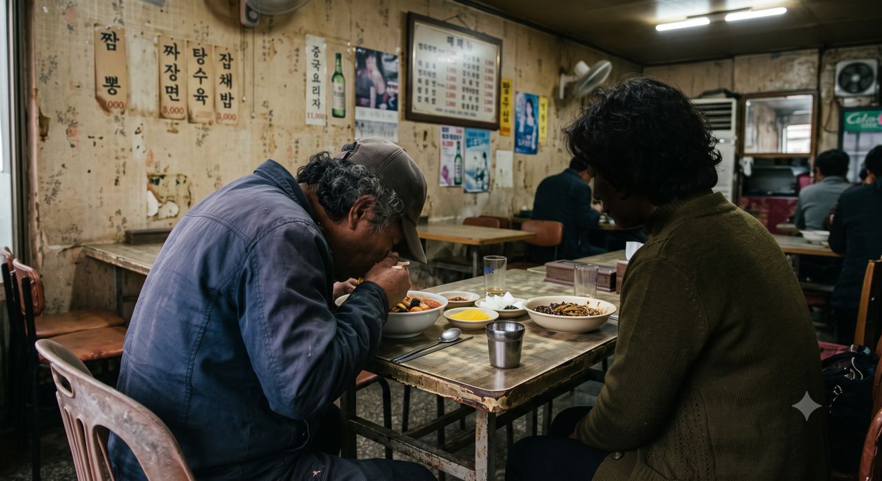 짬뽕을 먹고 있는 남편을 바라보고 있는 아내를 그려달라는 명령어를 입력해 생성한 생성형 AI 이미지. 제미나이