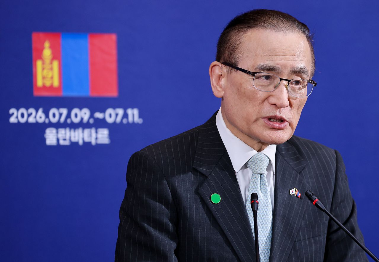 위성락 안보실장이 9일(현지시간) 몽골 울란바타르 대한민국 프레스센터에서 한-몽골 정상회담 관련 브리핑을 하고 있다. 뉴스1