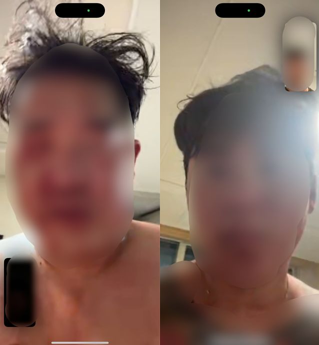 지난 4일 경북 경산시에서 친구를 살해한 A씨(오른쪽·24)가 친구 C씨(24)와 한 영상통화 화면 캡처. C씨는 피해자 B씨(왼쪽·24)가 전화를 걸어 구조요청을 해, 상황을 확인하기 위해 영상통화를 걸었다. 사진 독자 제공