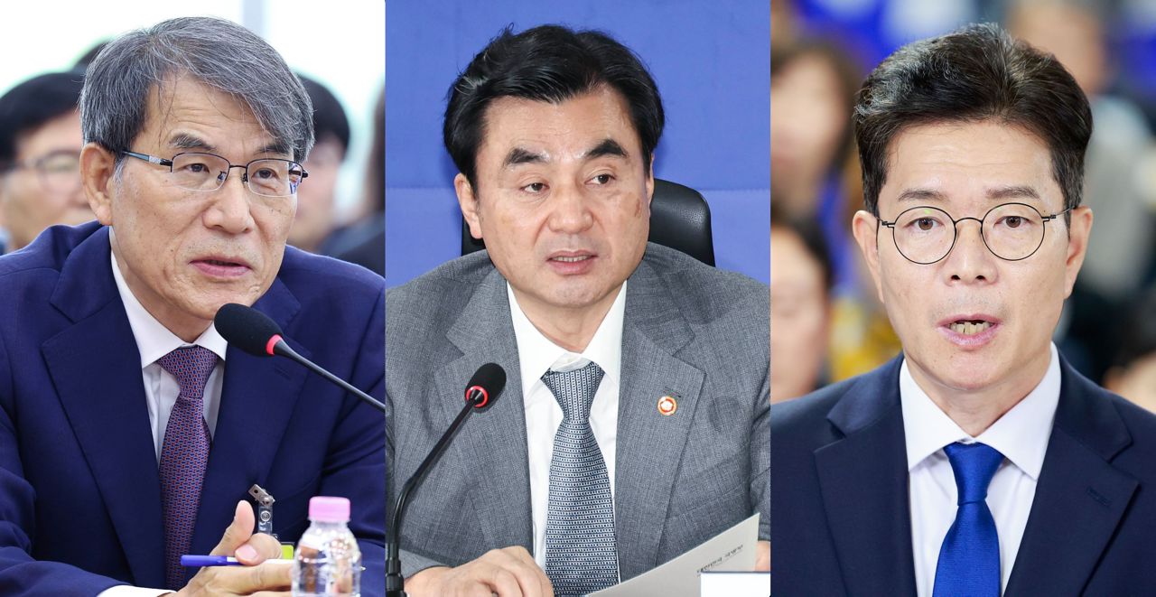 노태악 전 중앙선거관리위원장(왼쪽부터), 안규백 국방부 장관, 더불어민주당 소속 정원오 서울시장 후보. 임현동 기자ㆍ연합뉴스