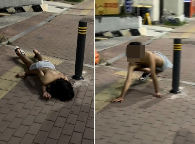 인천 영종하늘도시 한 도로에 쓰러져 있다 갑자기 달려드는 외국인 남성의 모습. 사진 인스타그랩(@g.w0o__) 캡처