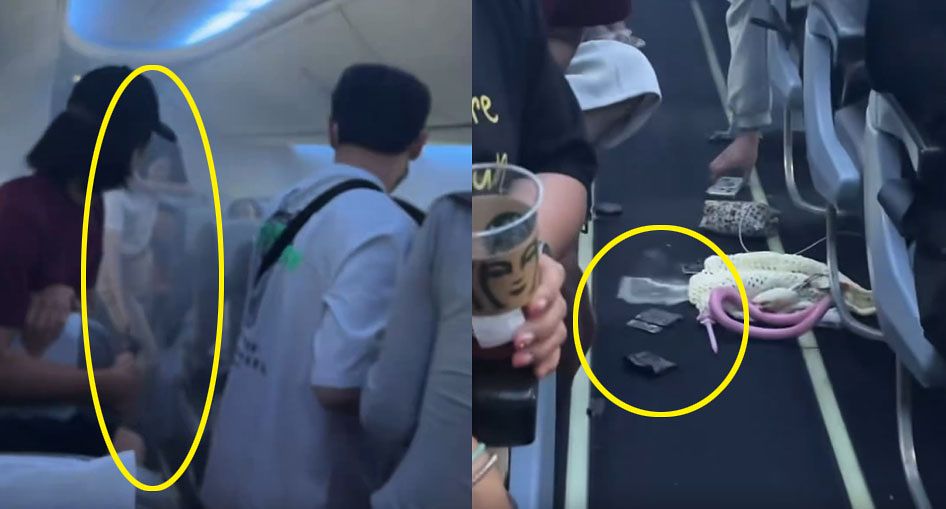 20일 인천발 보라카이행 티웨이항공 TW125편에서 승객이 소지한 보조배터리에서 연기가 나자 객실 승무원이 신속하게 소화기를 분사하고 있다. 사진 온라인 커뮤니티 캡처