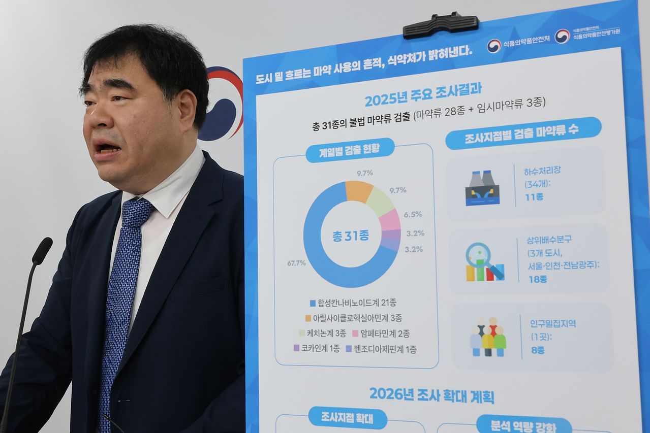 채규한 식품의약품안전처 마약안전기획관이 24일 청주 오송 식약처에서 하수 시료를 채취·분석한 2025년 불법 마약류 사용 실태조사 결과를 발표하고 있다. 연합뉴스
