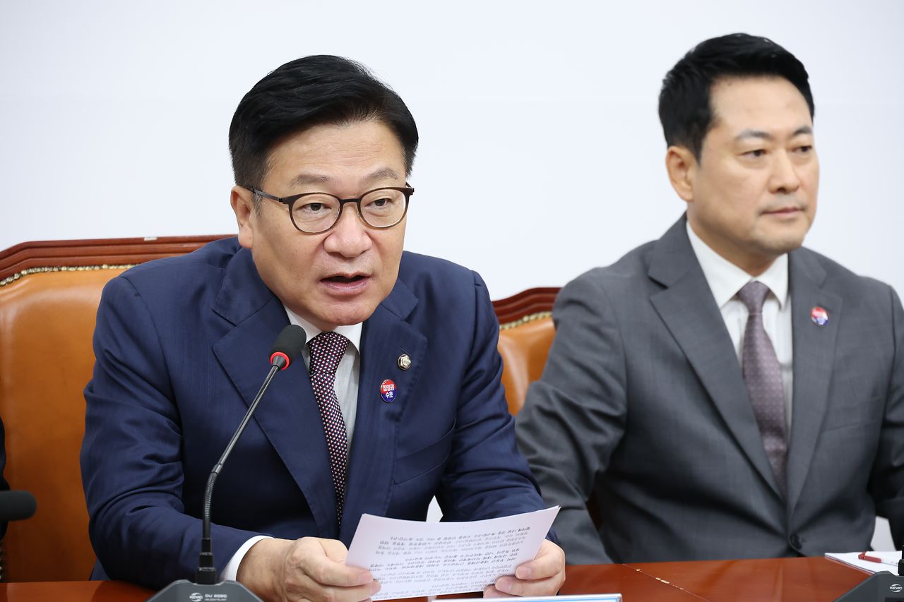 정점식 국민의힘 원내대표가 23일 국회에서 열린 최고위원회의에 참석해 발언하고 있다.연합뉴스