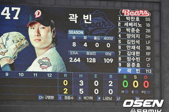 [OSEN=잠실, 이대선 기자] 26일 서울 잠실야구장에서 2026 신한 SOL KBO리그 두산 베어스와 삼성 라이온즈의 경기가 열렸다.이날 두산은 곽빈, 삼성은 오스틴 보스를 선발로 내세웠다.6회초 수비를 마친 곽빈의 113구 기록이 전광판에 표시되고 있다. 2026.07.26 /sunday@osen.co.kr