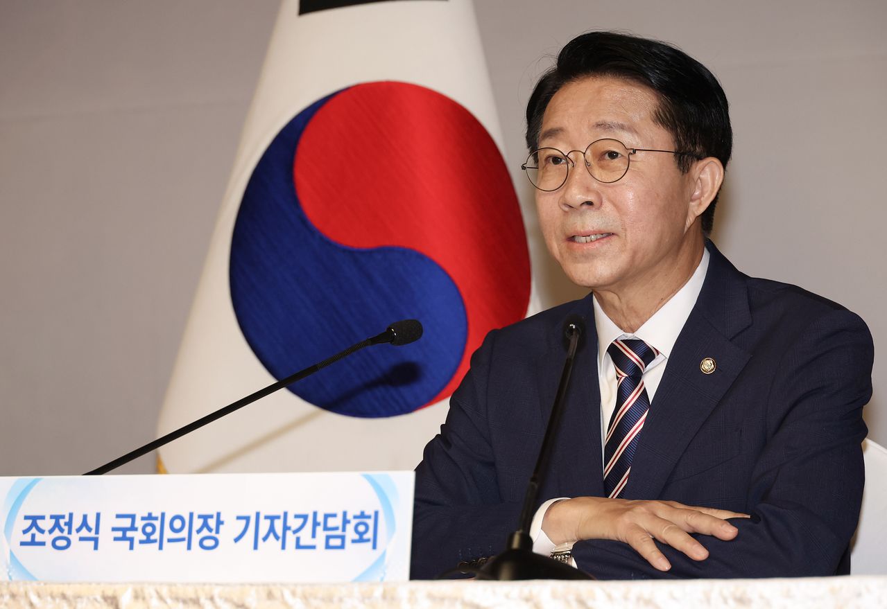 조정식 국회의장이 28일 서울 여의도 국회 사랑재에서 취임 후 첫 기자간담회를 하고 있다. 연합뉴스