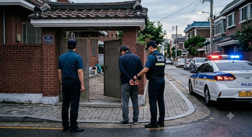 지난 1일 서울중앙지검은 귀가 중 자택 앞에서 긴급체포된 A씨(54)의 긴급체포를 불승인하고 석방했다. 사진은 긴급체포 장면을 묘사해 만든 생성형 AI 사진. 사진 제미나이