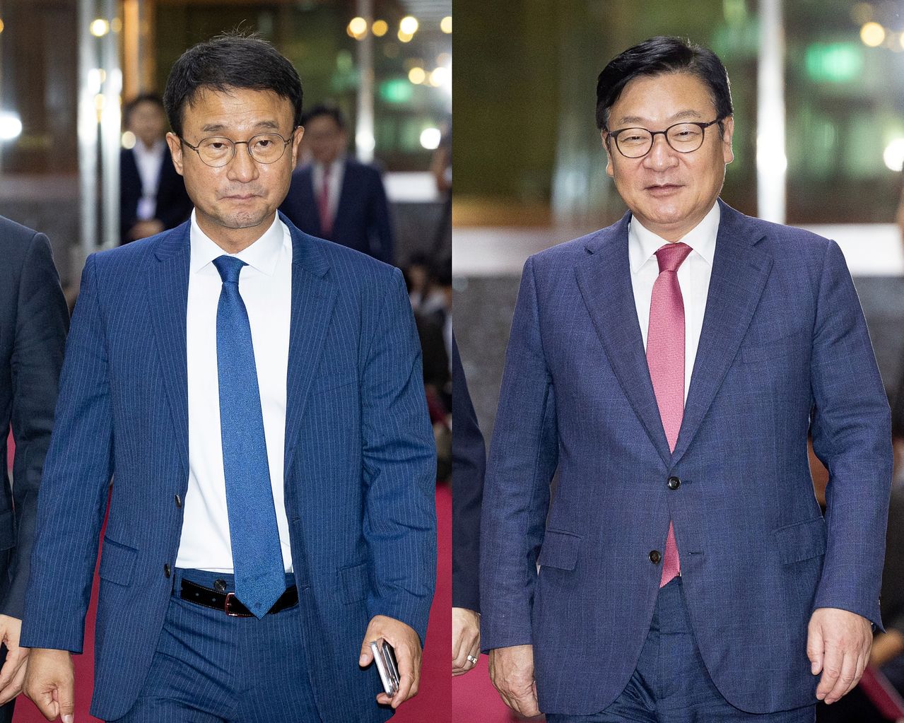 더불어민주당 한병도, 국민의힘 정점식 원내대표가 지난 14일 서울 여의도 국회에서 의장주재 여야 원내대표 회동을 위해 각각 의장실로 향하고 있다. 뉴스1