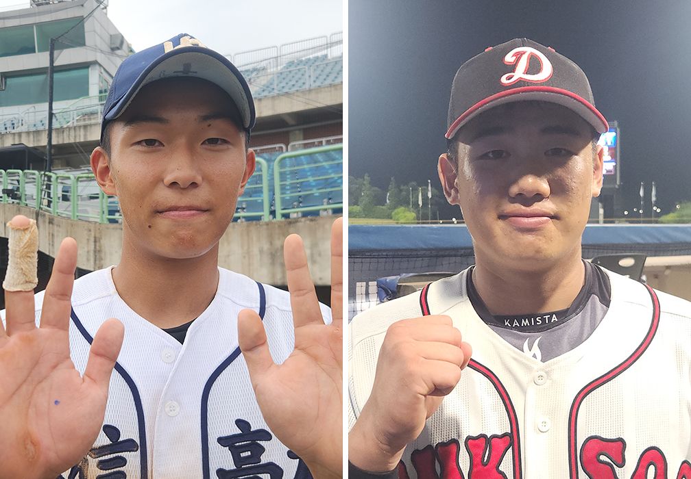결승에서 맞붙게 된 유신고 외야수 조희성(왼쪽 사진)과 덕수고 내야수 엄준상. 김효경 기자