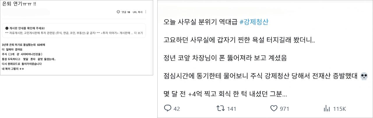 지난 28일부터 이날까지 올라온 온라인 커뮤니티와 SNS 상의 개인투자자 반응. 사진 온라인 커뮤니티 캡처