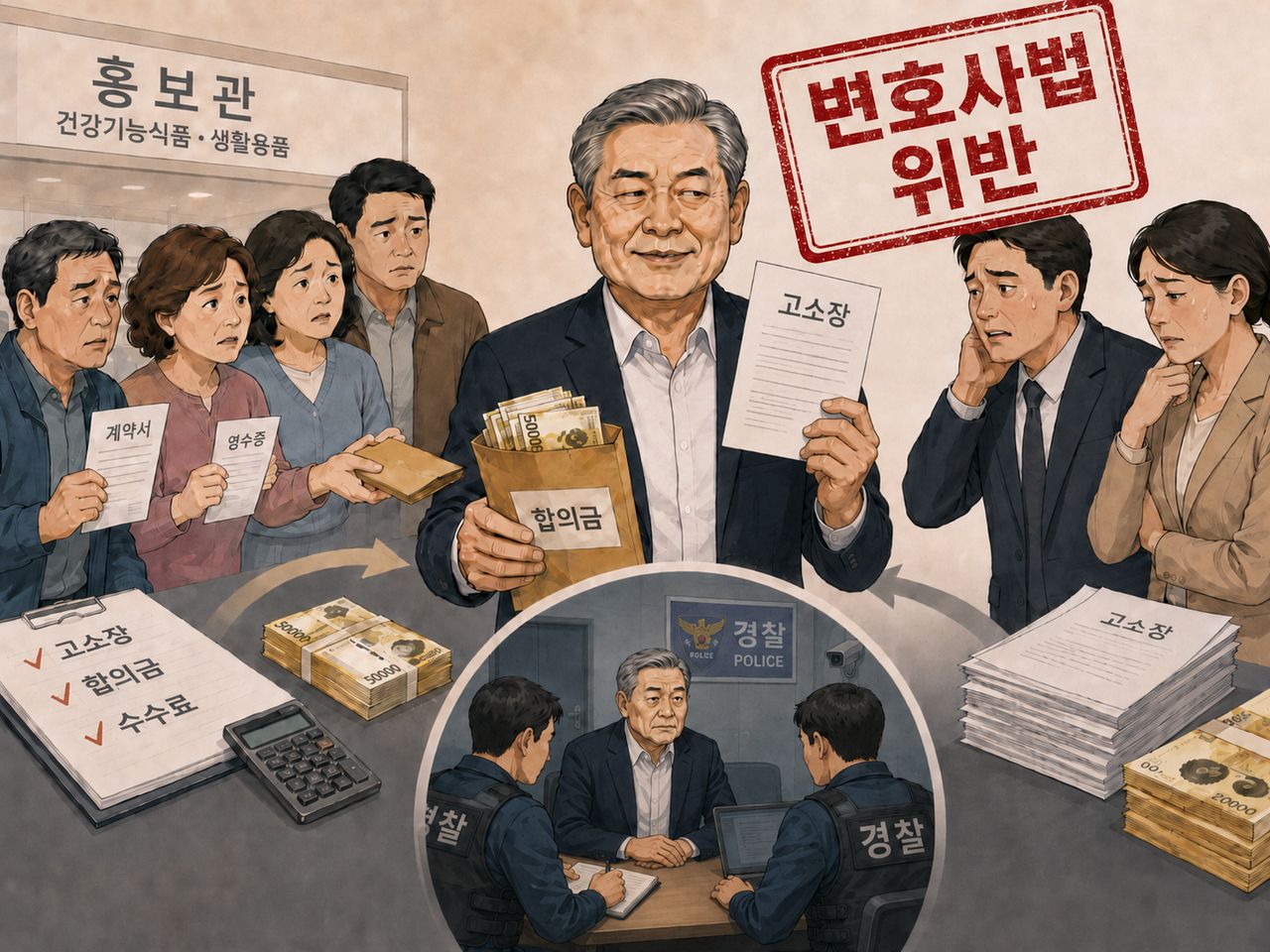 서울 강남경찰서가 합의금을 대신 받아주겠다는 명복으로 금품을 받고 법률 사무를 대리한 60대 남성 김모씨를 변호사법 위반 혐의로 수사 중이라고 30일 밝혔다. 삽화는 피의자가 수수료를 받고 법률 사무를 대리하는 모습을 표현한 그림. 일러스트 챗GPT