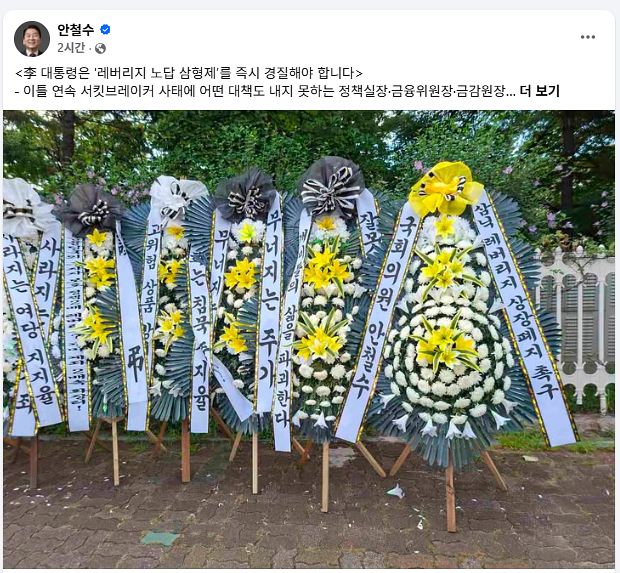 안철수 국민의힘 의원이 30일 페이스북에 “삼성전자·SK하이닉스 단일종목 레버리지 상장지수펀드(ETF)는 상장폐지 해야 한다”고 썼다. 그는 국회 앞에 이를 요구하는 근조화환도 설치했다. 안철수 의원 페이스북 캡처
