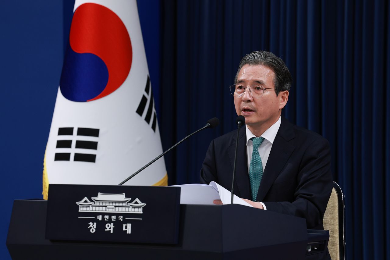 김용범 정책실장이 22일 청와대 춘추관에서 7월 미국-남미 이재명 대통령 순방에 관련한 브리핑을 하고 있다. 사진 청와대사진기자단