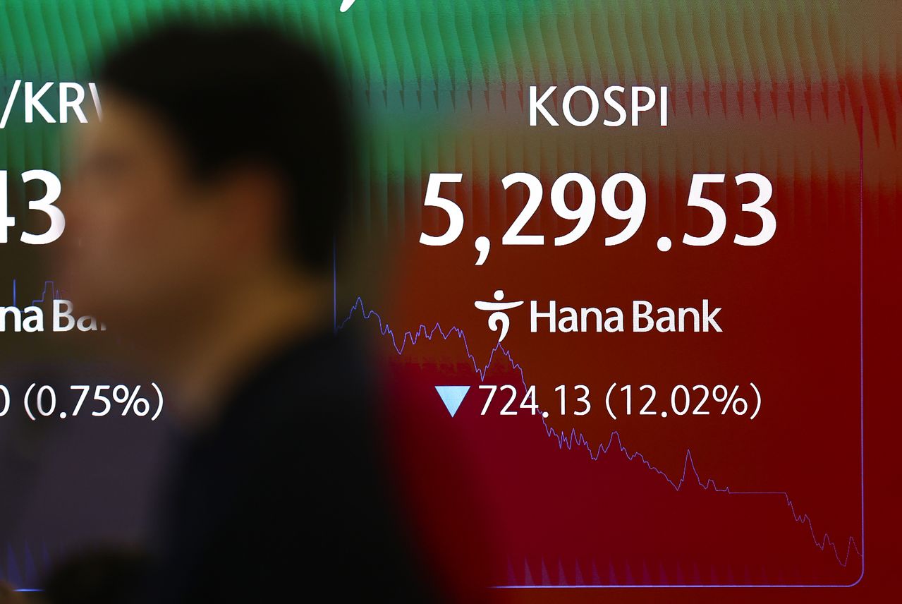 코스피, 코스닥 시장에서 이틀 연속 장중 서킷브레이커가 발동한 29일 서울 중구 하나은행 딜링룸 전광판에 코스피 지수가 표시되어 있다. 뉴스1