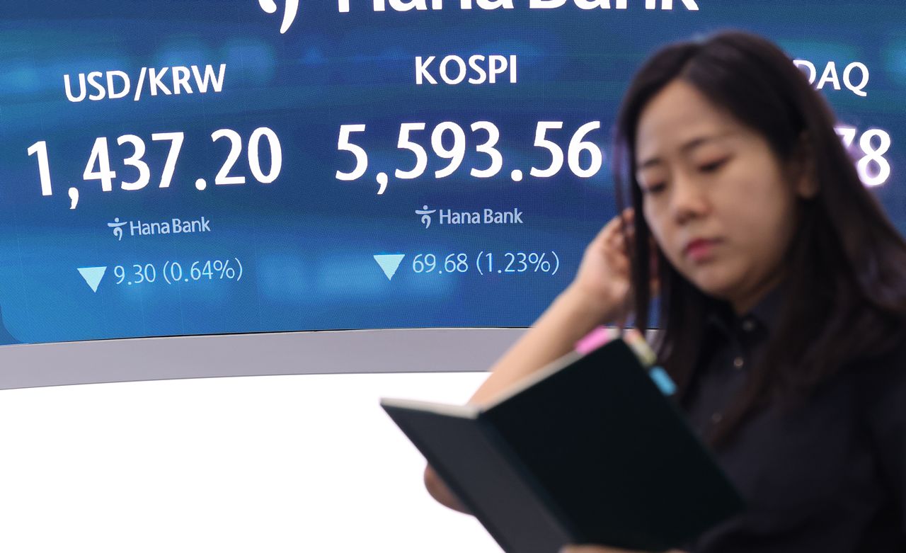 30일 서울 중구 하나은행 딜링룸 전광판에 코스피 종가와 환율이 표시돼 있다. [연합뉴스]
